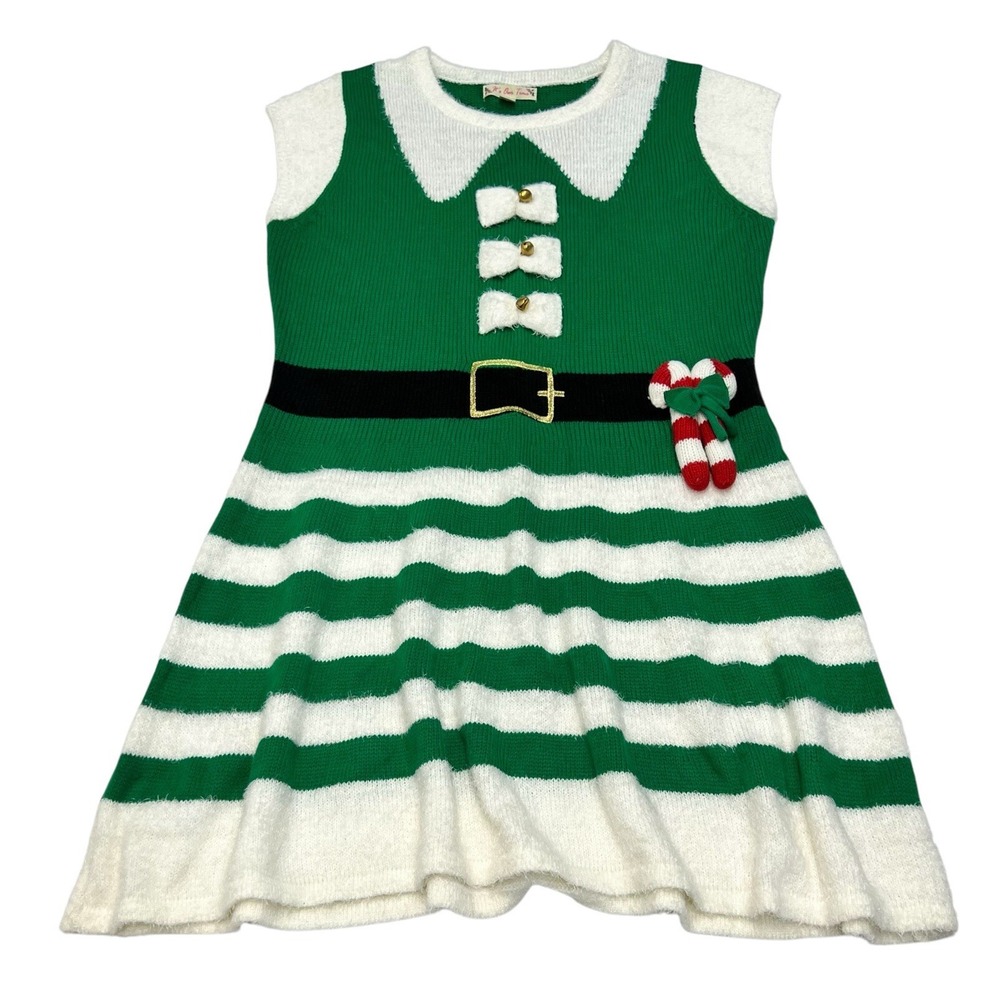 Ugly Christmas Sweater Dress Size Large Green White Knit Elf Jingle Bells Candy